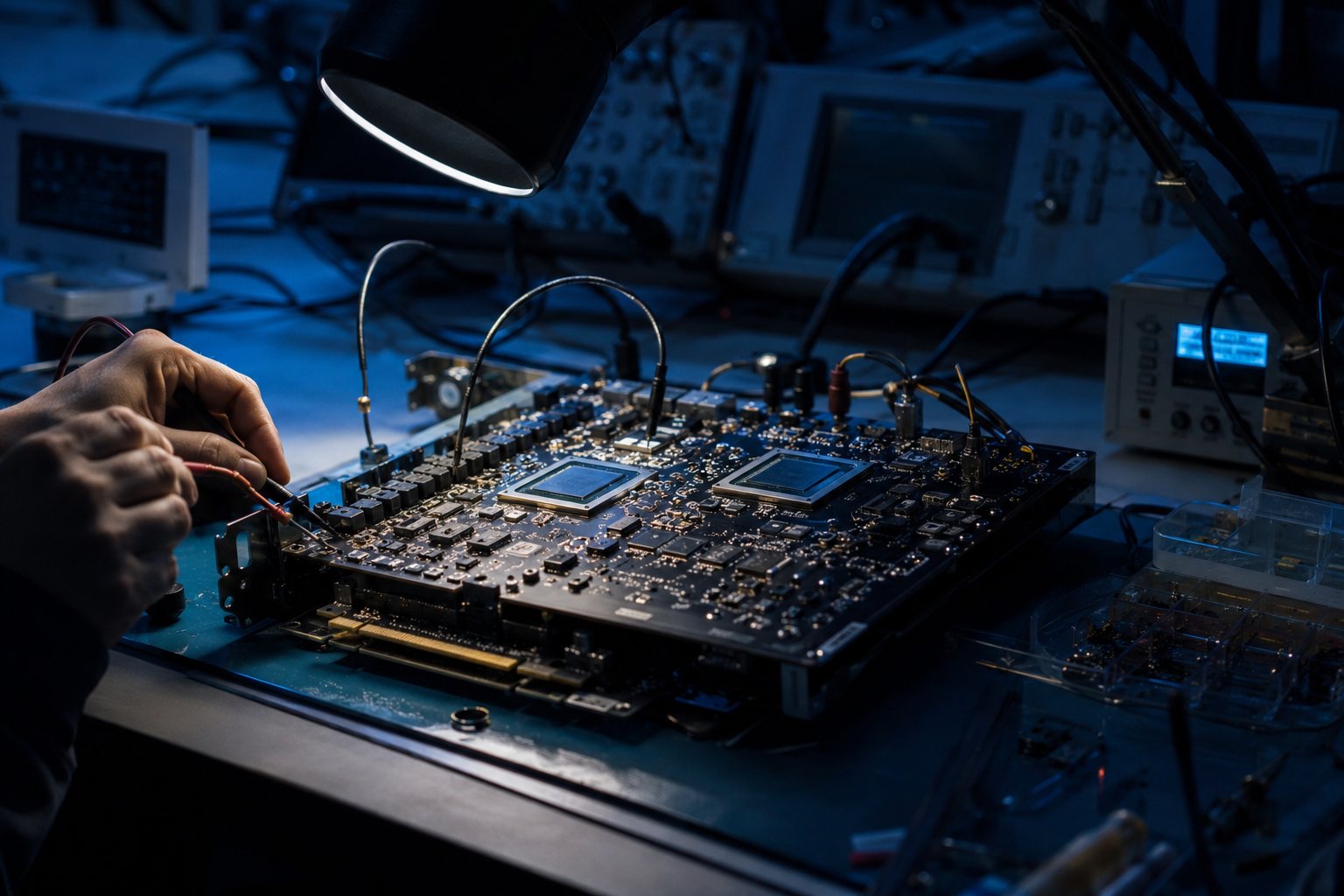 A GPU board on a lab test bench where PRISM is measured