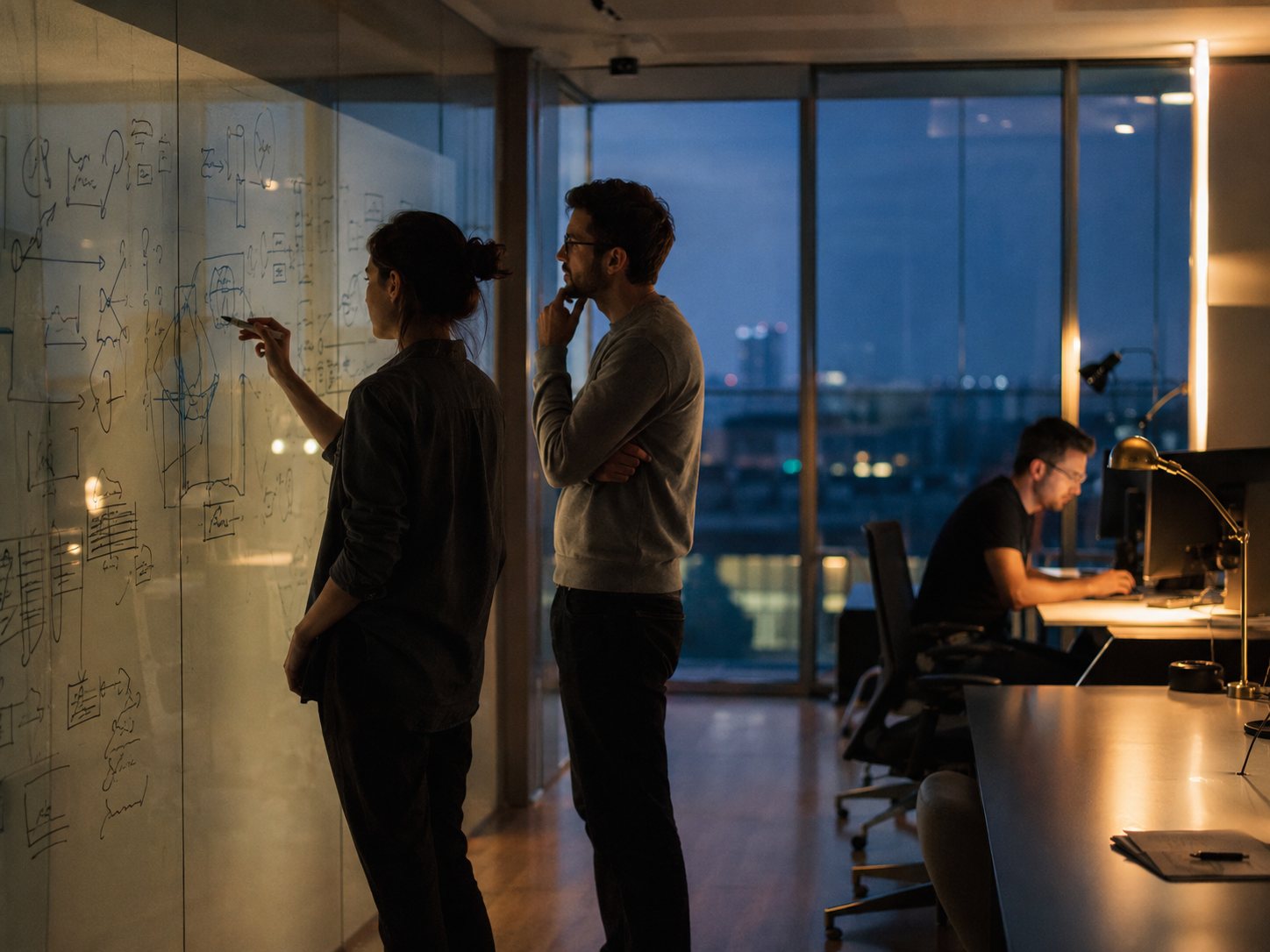 Engineers at Asymmetry Computing building the PRISM optimization engine late at night