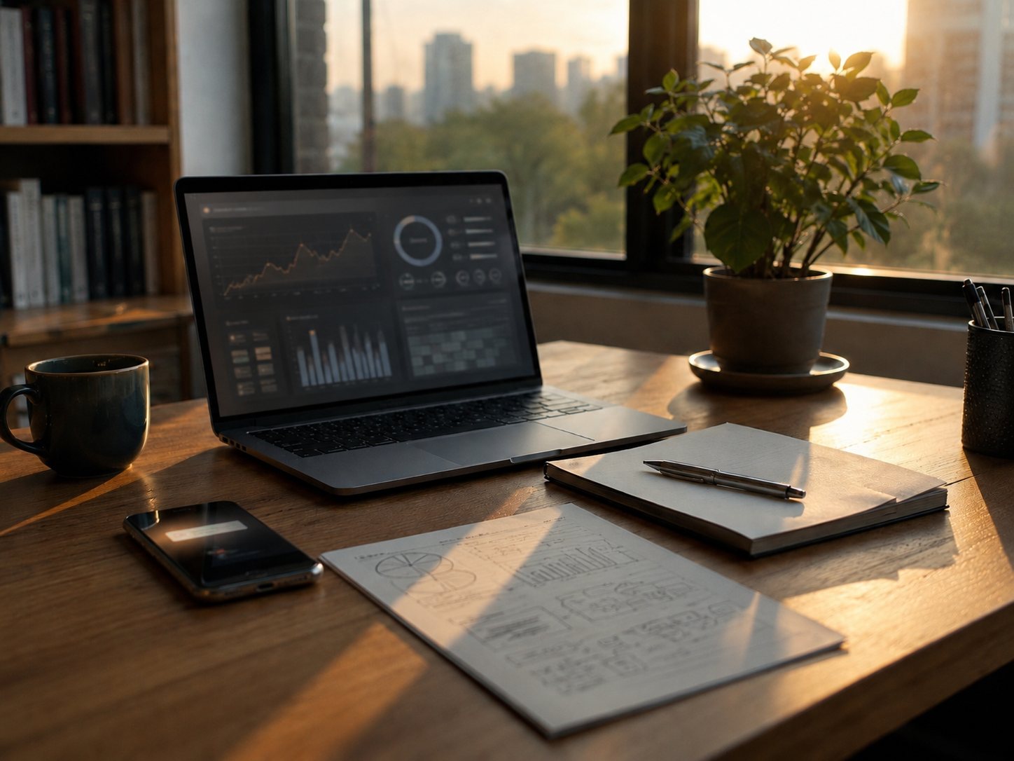 A professional's desk by a window at dawn