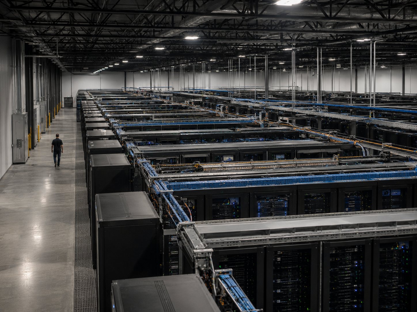 A vast data-centre hall computing an entire book of accounts at once