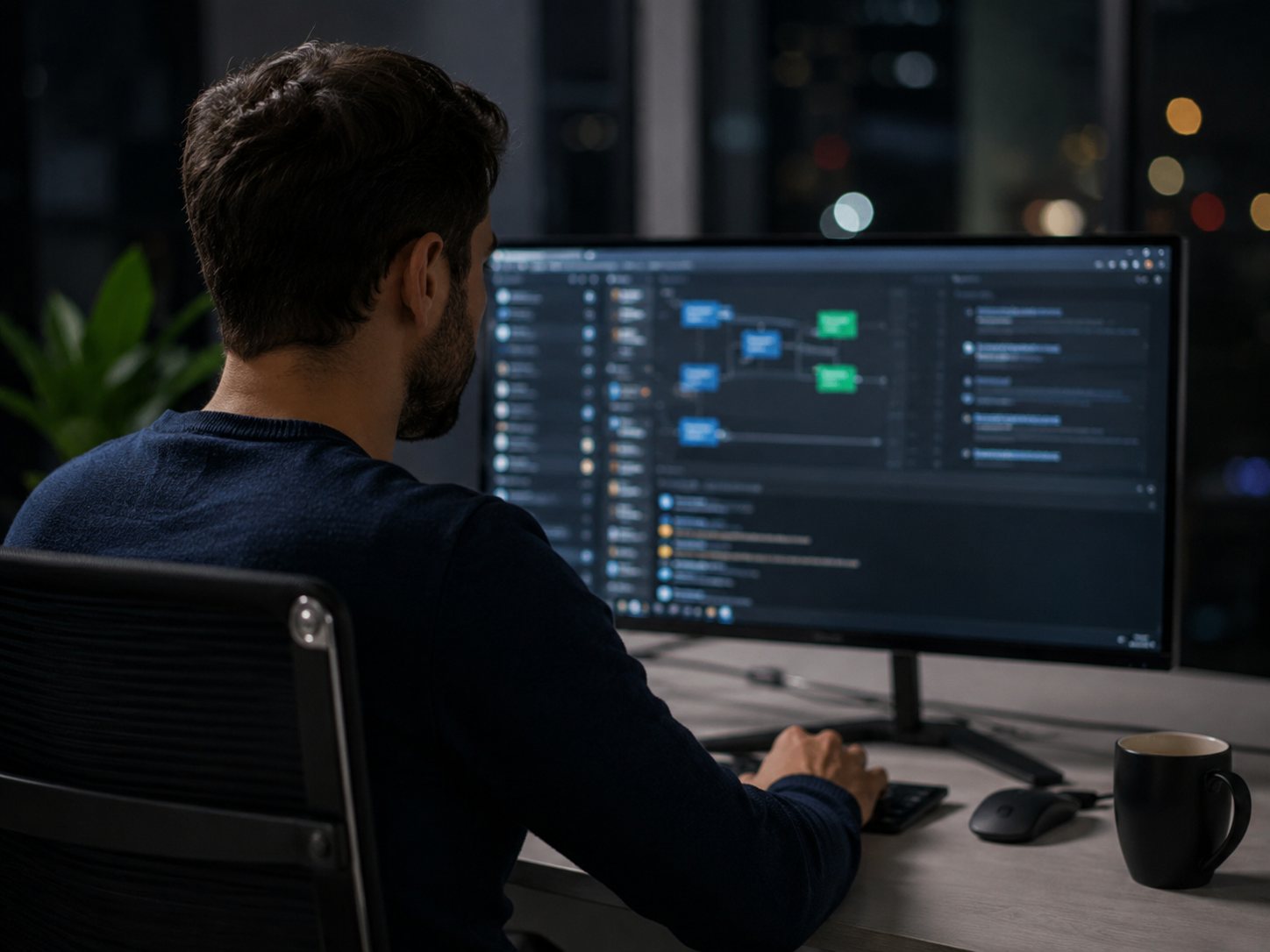 An engineer integrating the Asymmetry Computing PRISM optimization API at night