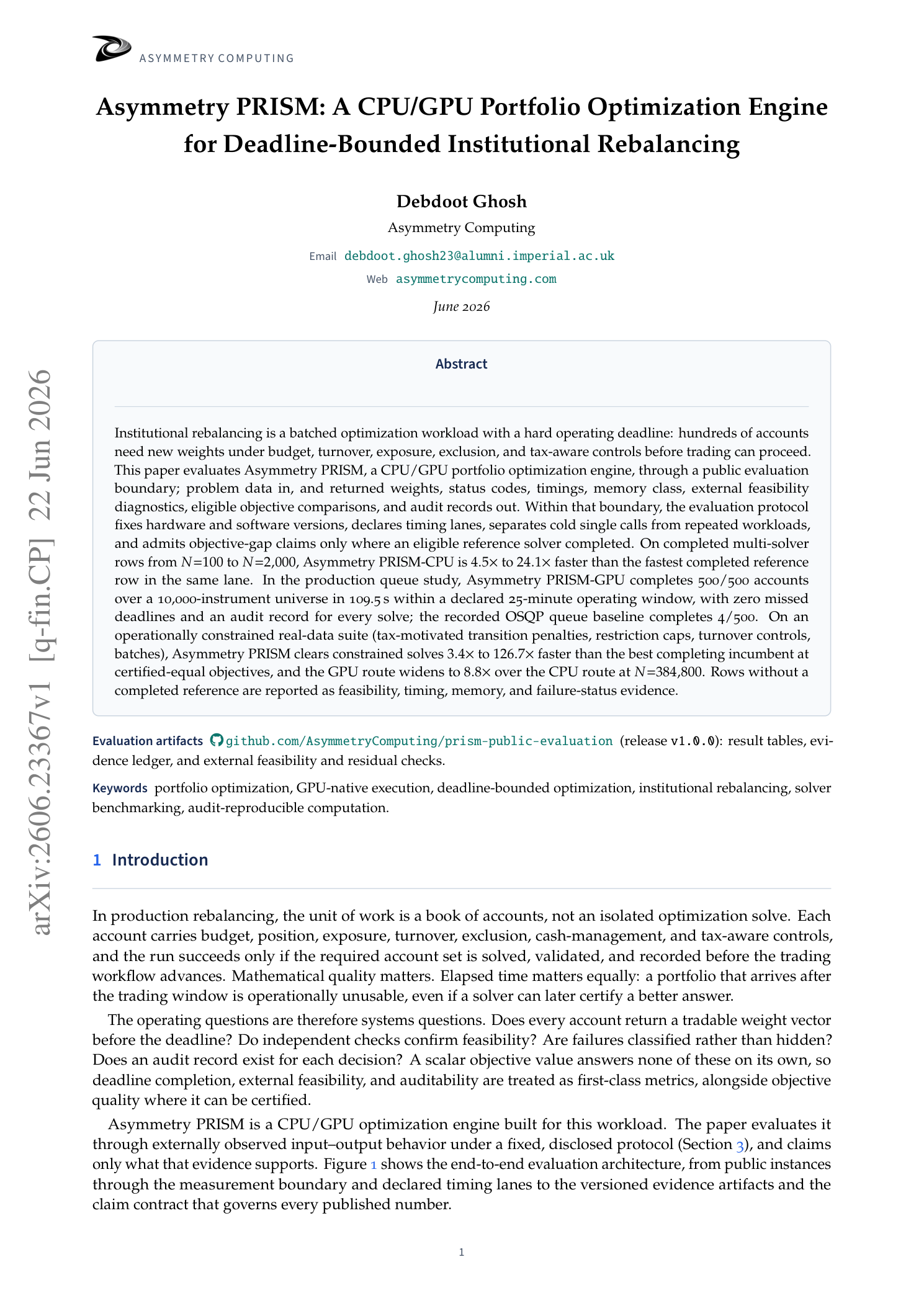 Original first page of Asymmetry PRISM: A CPU/GPU Portfolio Optimization Engine for Deadline-Bounded Institutional Rebalancing, by Debdoot Ghosh