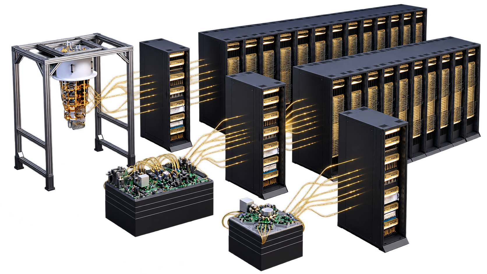 Conceptual isometric compute and cryostat illustration of the PRISM-Q portfolio workflow
