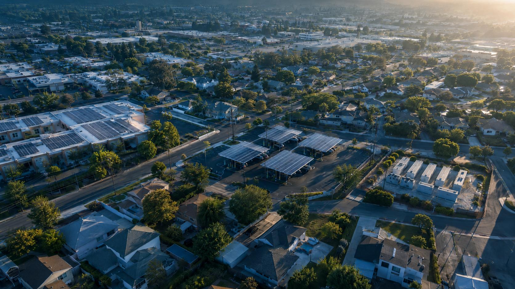 Aerial view of a distributed-energy neighbourhood