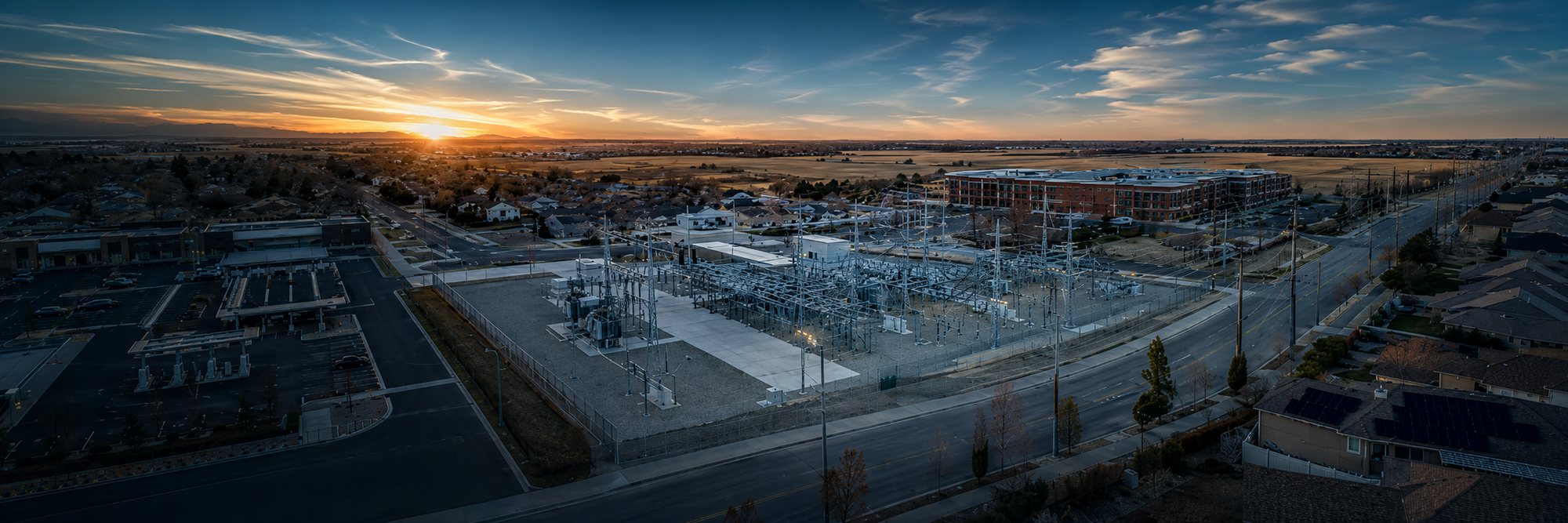 Distribution substation and neighbourhood grid at dusk